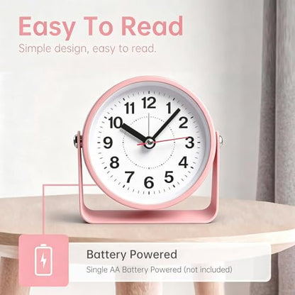 Pink 3.5-Inch Retro Analog Alarm Clock Silent Metal Table Desk Clock with Light