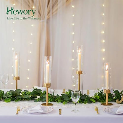 Hewory Gold Candlestick Holders Set of 12 - Glass Hurricane with Brass Bases, Matte Gold Variation