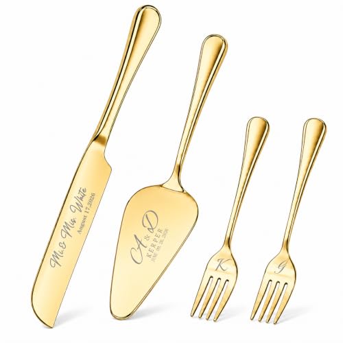 Gold Personalized Wedding Cake Knife & Server Set with Name & Date - Engraved Stainless Steel Cutlery Gift for Weddings & Anniversaries