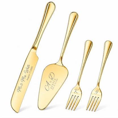 Gold Personalized Wedding Cake Knife & Server Set with Name & Date - Engraved Stainless Steel Cutlery Gift for Weddings & Anniversaries