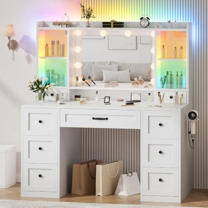 Makeup Vanity Desk with Mirror and RGB Lighting, 9 Drawers & Cabinets