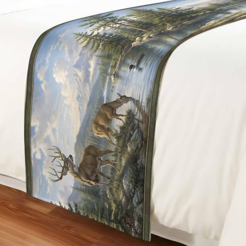 Green Forest Deer Bed Runner for King Bed 94x20 Satin Decor