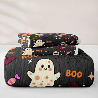 Ghost Boo Queen Size Halloween Quilt Set - Pumpkin Lantern & Skeleton Bedding