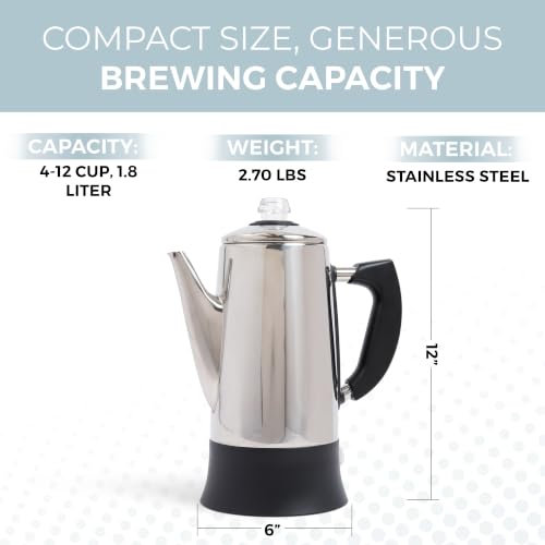 12-Cup Electric Coffee Percolator Stainless Steel Easy Use & Keep Warm