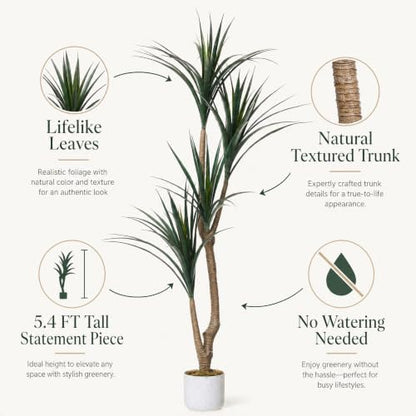 Artificial Dracaena Tree 5.4FT with White Spotted Planter - Faux Indoor Plant