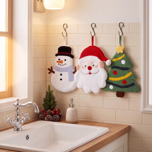 Christmas Coral Fleece Hand Towels Set with Hanging Hooks - 3 Pack
