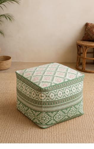 Bohemian Square Pouf Cover - Unstuffed Canvas Footstool with Hidden Storage