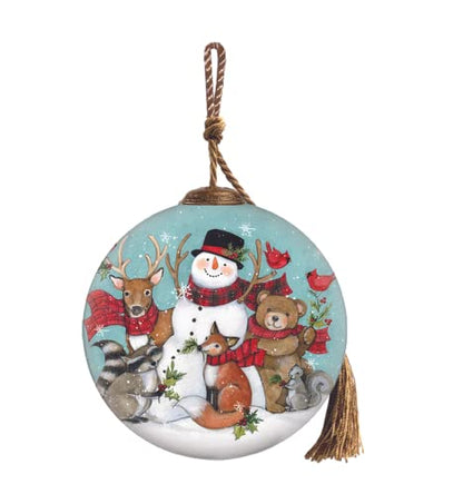 Snowman and Animals Hand-Painted Glass Ornament, 3in Round