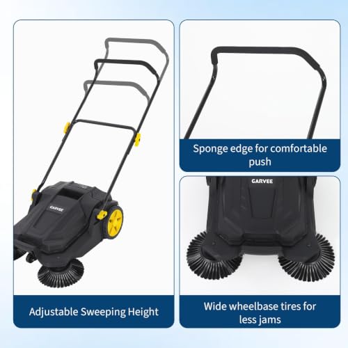 Walk Behind Hand Push Sweeper 25.6-Inch Floor Sweeper in Black and Yellow