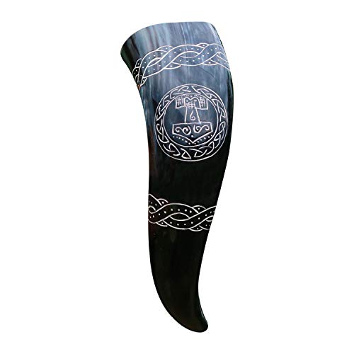 VikingsBrand Handcrafted Viking Drinking Horn with Thor Hammer - 12 Inches, Food Safe Medieval Norse Mug