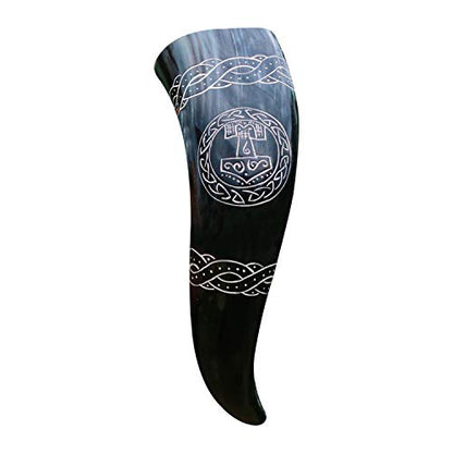 VikingsBrand Handcrafted Viking Drinking Horn with Thor Hammer - 12 Inches, Food Safe Medieval Norse Mug