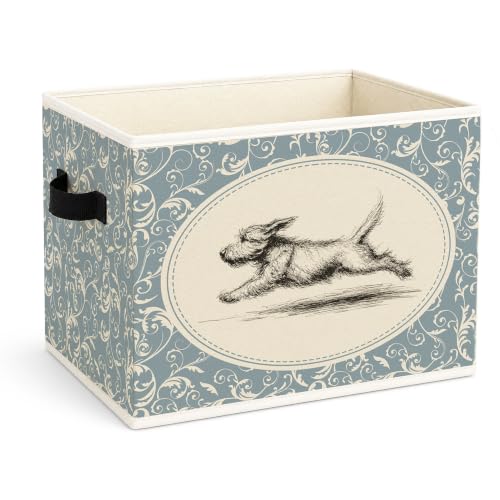 Wire Fox Terrier Storage Bin with Vintage Blue Pattern – Foldable Fabric Basket, Running Terrier Sketch