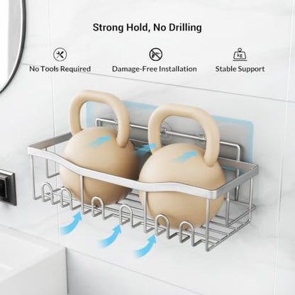 Brushed Stainless Steel Shower Caddy Adhesive Set - Rustproof Bathroom Organizer with Soap Holders - Silver
