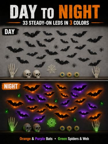 Halloween Wall Decor Kit with 3D Bats Spiders Web Skulls and LED Lights