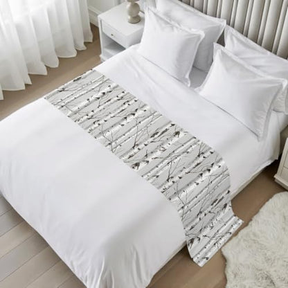 Nature Birch Trees Bed Runner for Queen Bed - White, Gray, Black, 83"x20" Variation