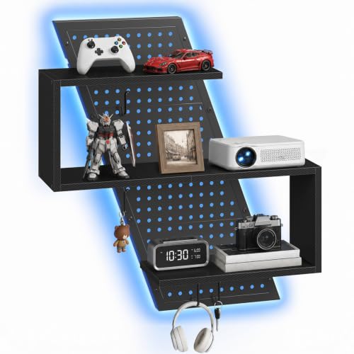 Black S-Shaped Gaming Floating Shelf with LED Light Strip, 3 Tiers & Hooks