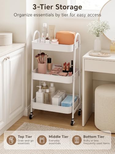 Booklov White Rolling Makeup Cart Organizer, 3-Tier Utility Storage