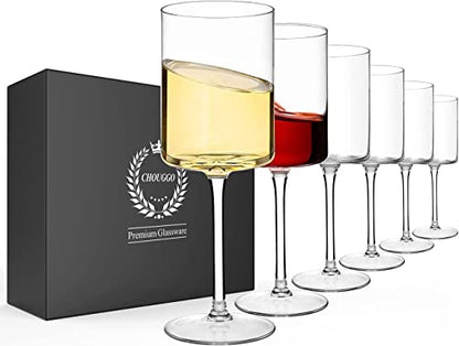 Square Wine Glasses Set of 6 - Hand Blown Crystal, 11.4oz, Elegant Gift