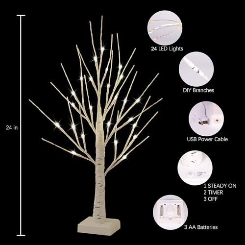 Lighted Birch Trees Set of 4 with Timer - 2FT Indoor Decorative LED Trees with USB or Battery Power, White Light for Holiday & Event Decor - Variation of 4 Pack 24LT White Birch