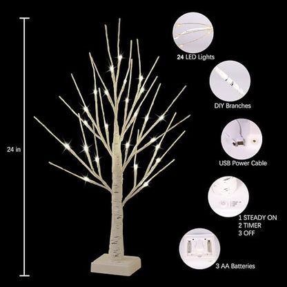 Lighted Birch Trees Set of 4 with Timer - 2FT Indoor Decorative LED Trees with USB or Battery Power, White Light for Holiday & Event Decor - Variation of 4 Pack 24LT White Birch