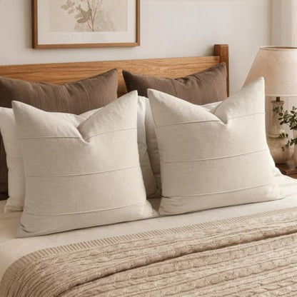 20x20 Linen Throw Pillow Covers Set of 2 Natural Beige Striped Rustic Decor
