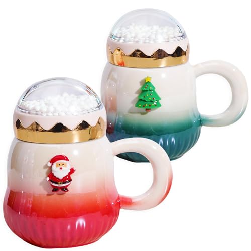 Christmas Coffee Mugs 2-Pack 15oz Ceramic with Snow Globe Lids - Red & Green Santa & Tree Gift Set