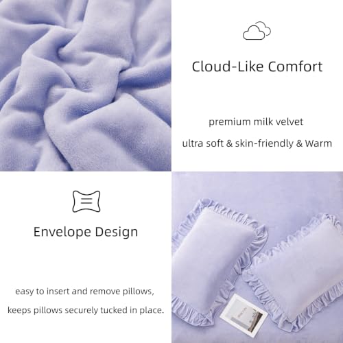 Purple Full Size Fluffy Faux Fur Comforter Set for Girls - Lavender Bedding with Ruffled Edges