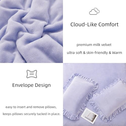 Purple Full Size Fluffy Faux Fur Comforter Set for Girls - Lavender Bedding with Ruffled Edges