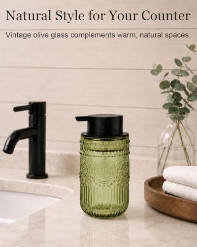 Vintage Green Glass Foam Soap Dispenser with Embossed Sunflower Pattern