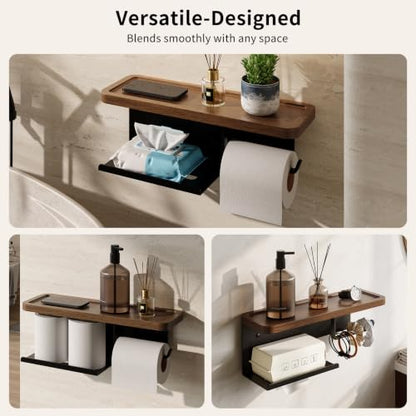 3-in-1 Wall-Mounted Toilet Paper Holder with Shelf - Matte Black Bathroom Organizer