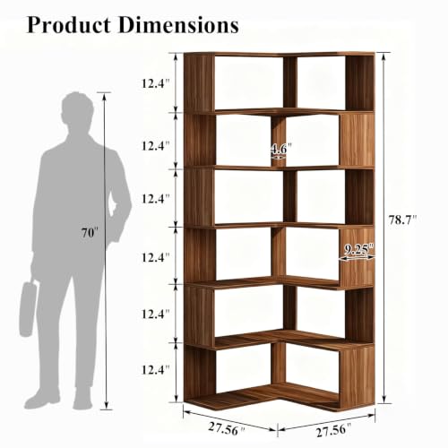 Walnut 6-Tier Corner Bookshelf Tall L-Shaped Bookcase for Home Office and Living Room