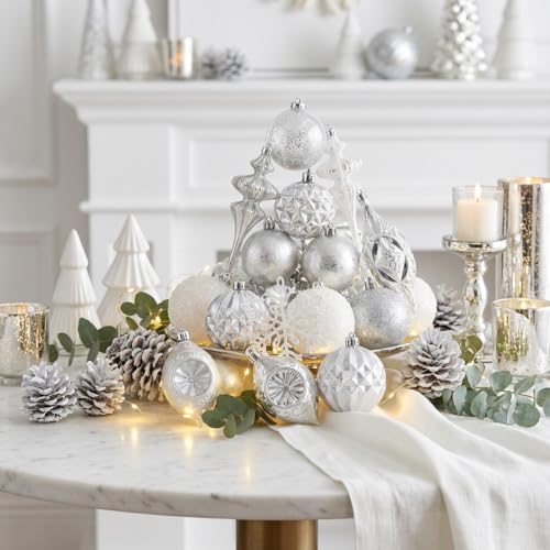Christmas Tree Ornaments Set 50pcs Snow Queen Theme Silver White Variation