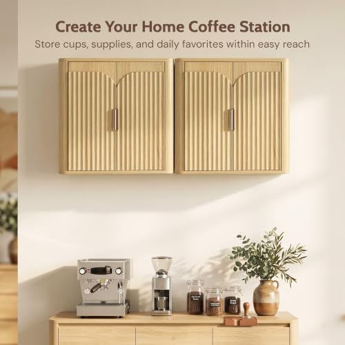 Vividwood Fluted Wall Mounted Bathroom Cabinet Set of 2 with Adjustable Shelves - Modern Over Toilet Storage for Laundry, Kitchen, Living Room - Natural Finish