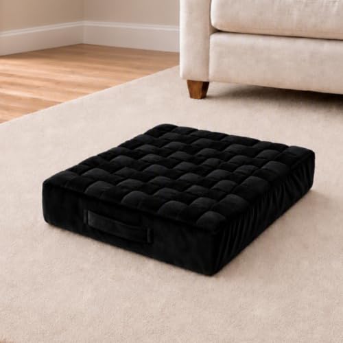 Black Square Floor Pillow Cushion with Velvet Cover and Handle - 18x18x4 Inch