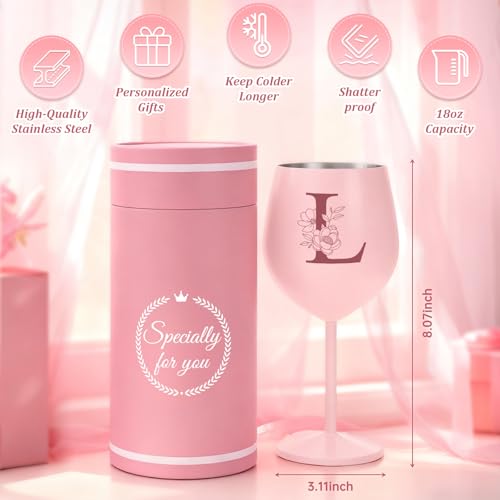 Pink Monogrammed Stainless Steel Wine Glass with Gift Bag - Initial L