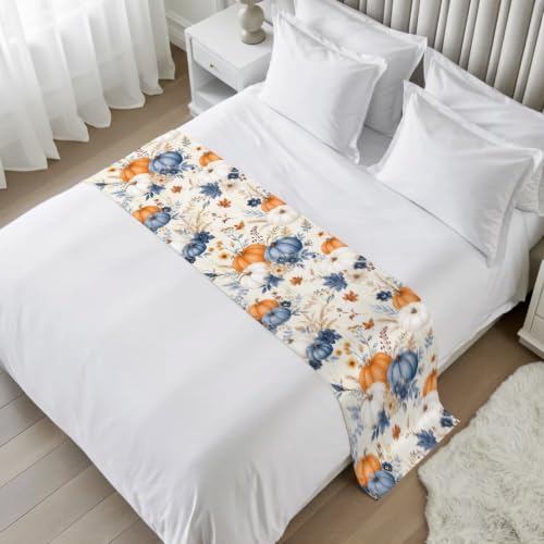Navy Blue Fall Bed Runner Scarf King Size 94x20 Inch for Bedroom Decor - Navy Blue Beige