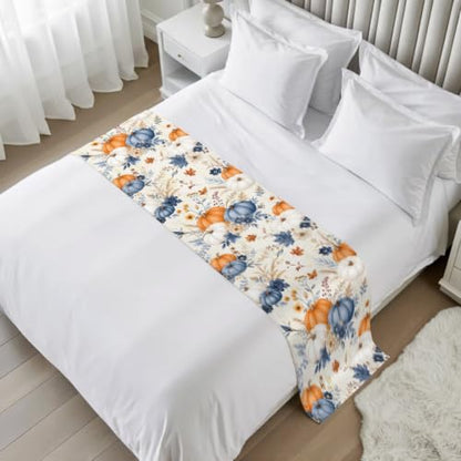 Navy Blue Fall Bed Runner Scarf King Size 94x20 Inch for Bedroom Decor - Navy Blue Beige