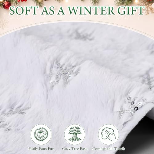 48 Inch White Faux Fur Christmas Tree Skirt with LED Fairy Lights - Silver Snowflakes