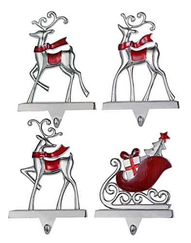 Christmas Stocking Holders Set of 4 Reindeer & Sled Car Hooks Mantle Fireplace Decor