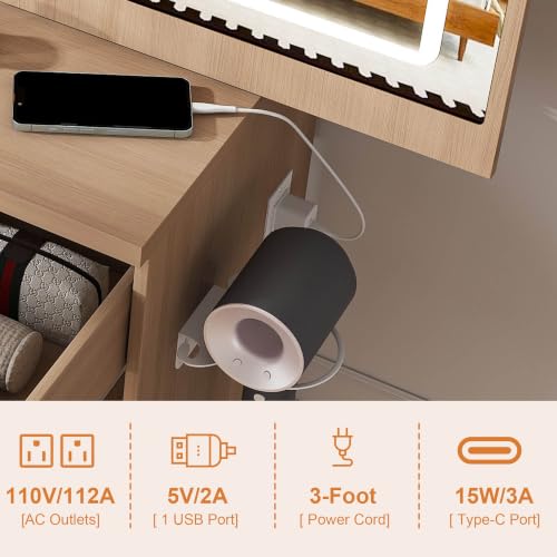Dressing Table Set with Mirror & Lights, Vanity Desk with 4 Drawers, Hidden Storage, Charging Station - Natural Oak