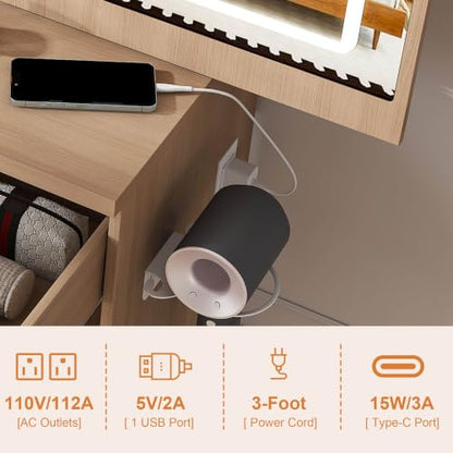 Dressing Table Set with Mirror & Lights, Vanity Desk with 4 Drawers, Hidden Storage, Charging Station - Natural Oak