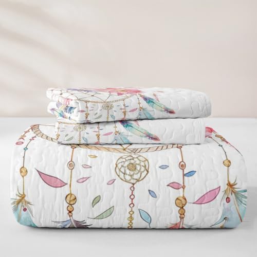 Queen Dream Catcher Quilt Set Boho Feather Bedding Coverlet with Pillows - Blue Red