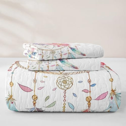 Queen Dream Catcher Quilt Set Boho Feather Bedding Coverlet with Pillows - Blue Red