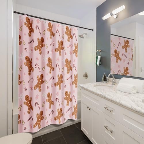 Christmas Shower Curtain Set - Pink Gingerbread Man Candy Cane Bathroom Decor, 72x72 Inches