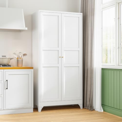 White Metal Pantry Kitchen Storage Cabinets with Doors and Shelves - 18 x 36 x 76 Inches