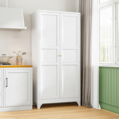 White Metal Pantry Kitchen Storage Cabinets with Doors and Shelves - 18 x 36 x 76 Inches