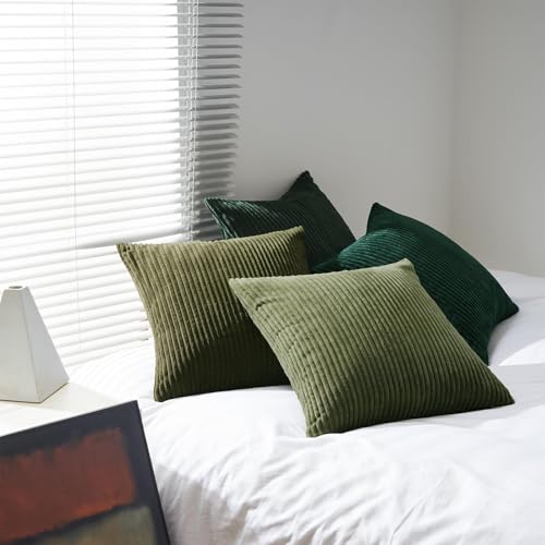 Dark Green Christmas Decorative Throw Pillow Covers Set of 4 20x20 Inches - Winter Fluffy Corduroy Euro Shams for Couch Bed Bedroom