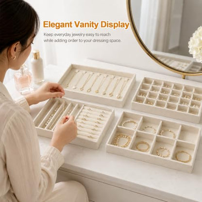 Velvet Jewelry Drawer Organizer Trays 4-Layer Beige Storage Set