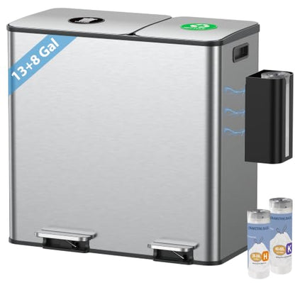 Dual Trash and Recycling Bins for Kitchen - Silver, 13 + 8 Gallon