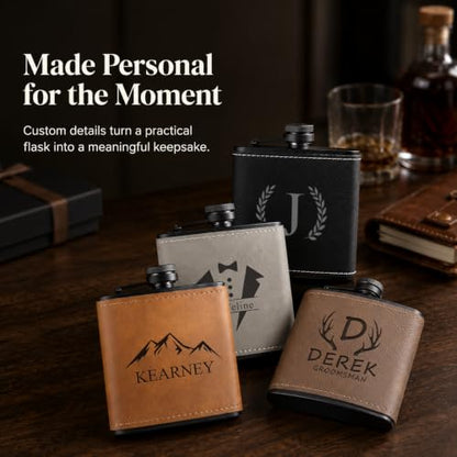 Personalized Leather Hip Flask 6 oz Engraved Groomsmen Gift - Coffee Variant
